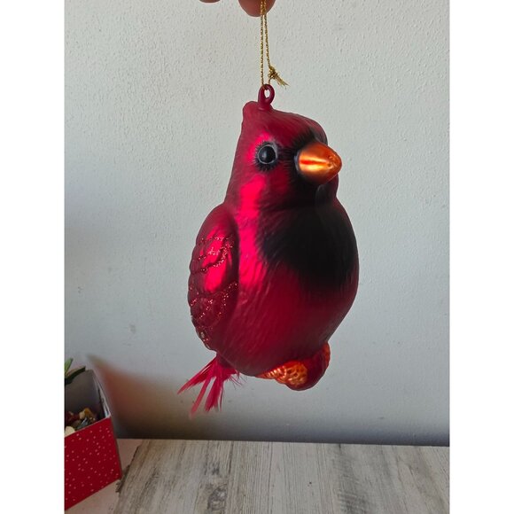 Glass red glitter cardinal feather ornament Xmas tree - Picture 2 of 9